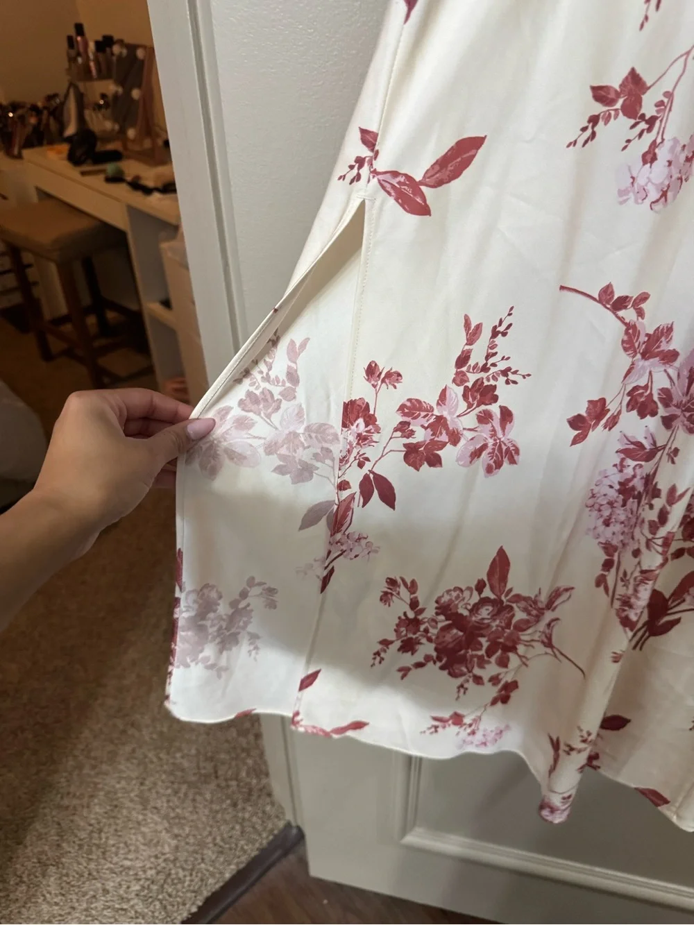 Abercrombie satin Ivory Floral Midi Dress with Mauve Rose Print
